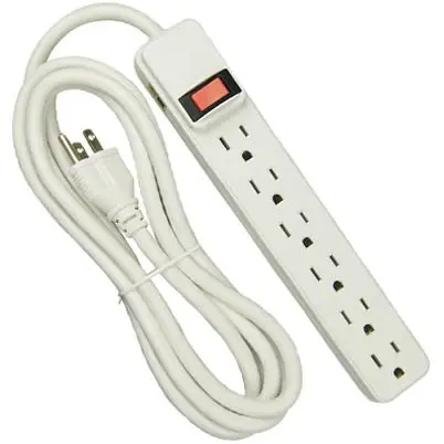 Power Strip, 6-outlets, Extra-long Cord, Plastic Housing, White