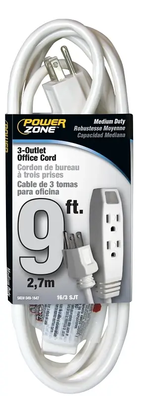 3 Outlet Office Extension Cord, White, 9 Feet Long