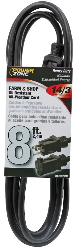 8 Feet Black 14/3 Sjtow Extension Cord For All-weather Use