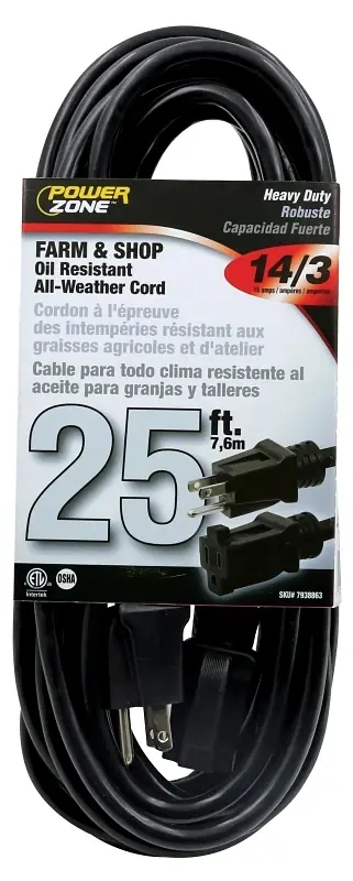25 Feet Black Jacket Extension Cord, Model Or532725, 14/3 Sjtow