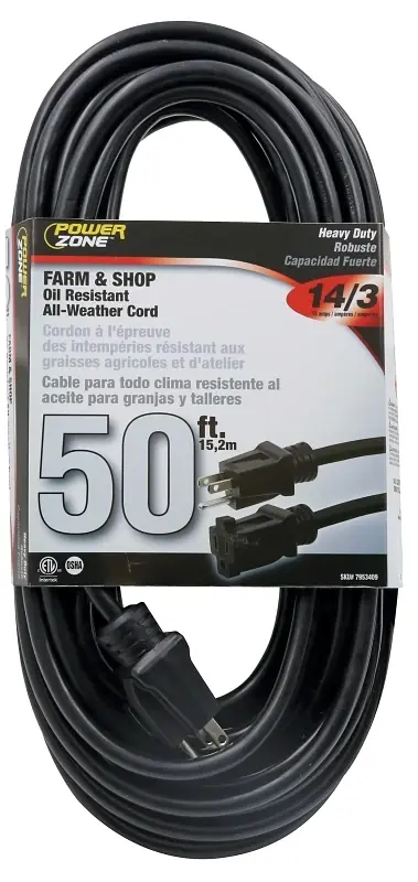 50 Feet Outdoor Extension Cord, 14/3 Sjtow, Black