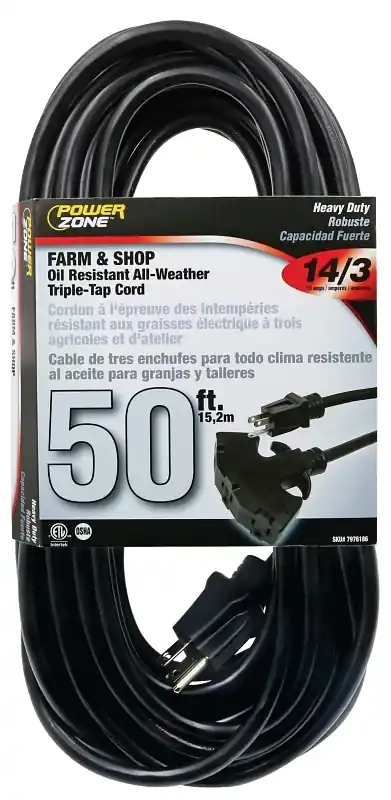 14/3 50ft Heavy-duty All-weather Extension Cord With Triple Tap