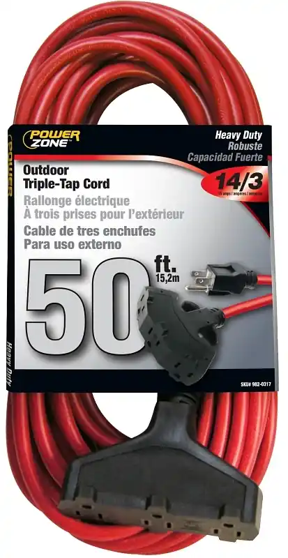 14/3 Sjtw Triple Tap Extension Cord, 50 Feet, Red