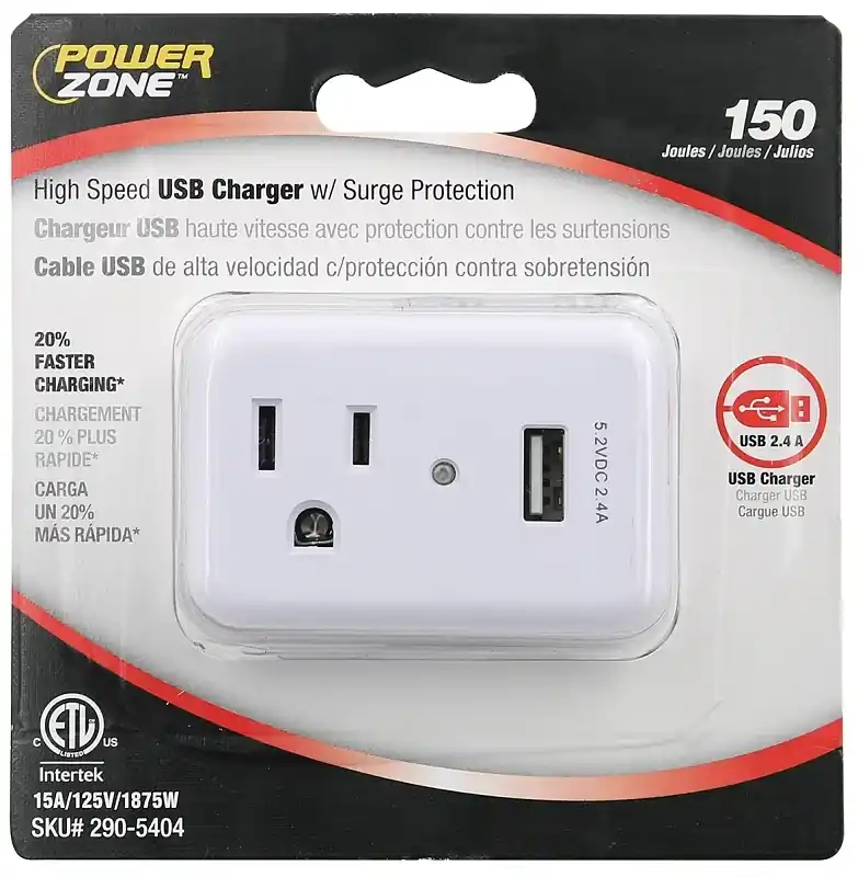 Surge Protector Tap With 1 Outlet And 2.4a Usb Charging Port