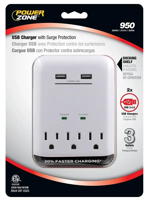 3.4a Usb Charger With 3 Outputs And 950 Joules Surge Protection