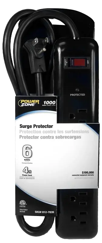Surge Protector Tap Strip, 6 Outlets, 1000 Joules, 4 Feet, Black