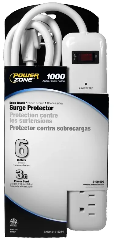 Surge Protector Strip 6 Outlet 1000 Joules 8 Feet White Or802126