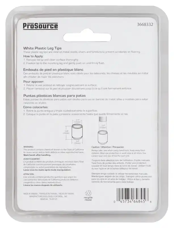 1/2 Inch White Plastic Furniture Leg Tips - Model Fe-50611-ps