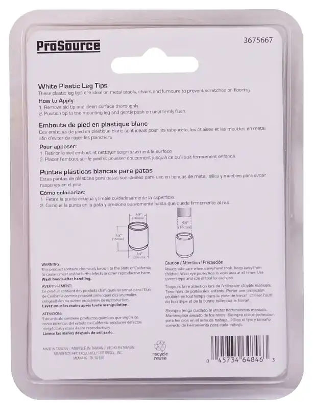 3675667 0.6 In. Furniture Leg Tip - Plastic, White