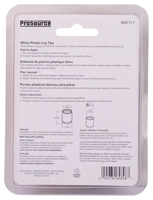 7/8 Inch White Plastic Furniture Leg Tip - Model Fe-50614-ps
