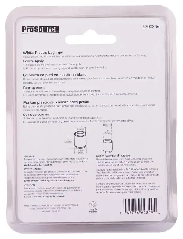 1 Inch White Plastic Furniture Leg Tips - Model Fe-50615-ps