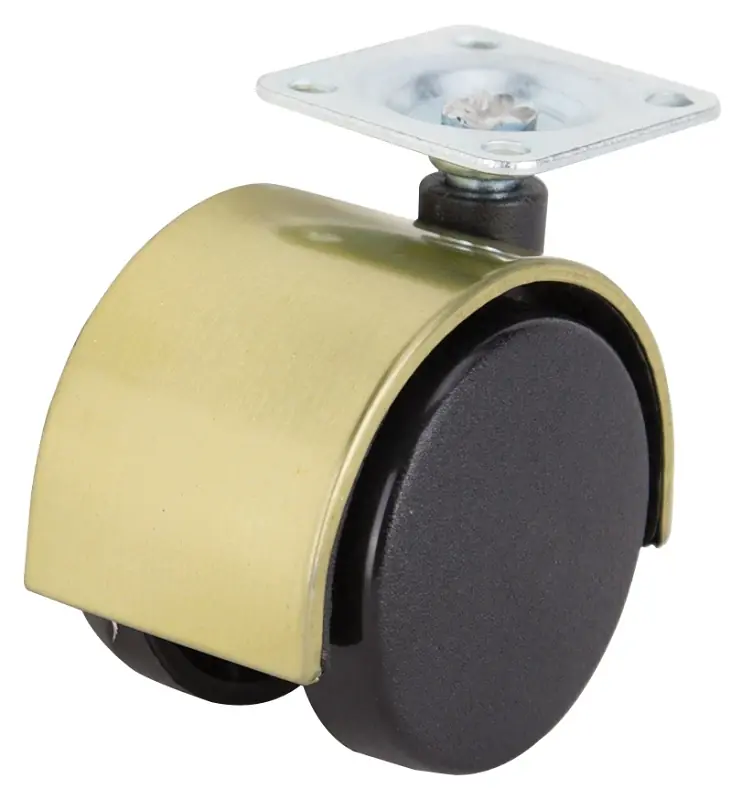 Dual Wheel Furniture Caster Plate Mount 2 Inch Bright Brass Nylon Wheels