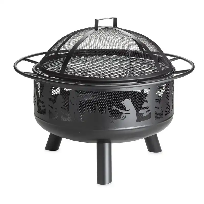 Outdoor Black Steel Wood-burning Fire Pit With Domed Spark Guard, 29 In. X 23 In.