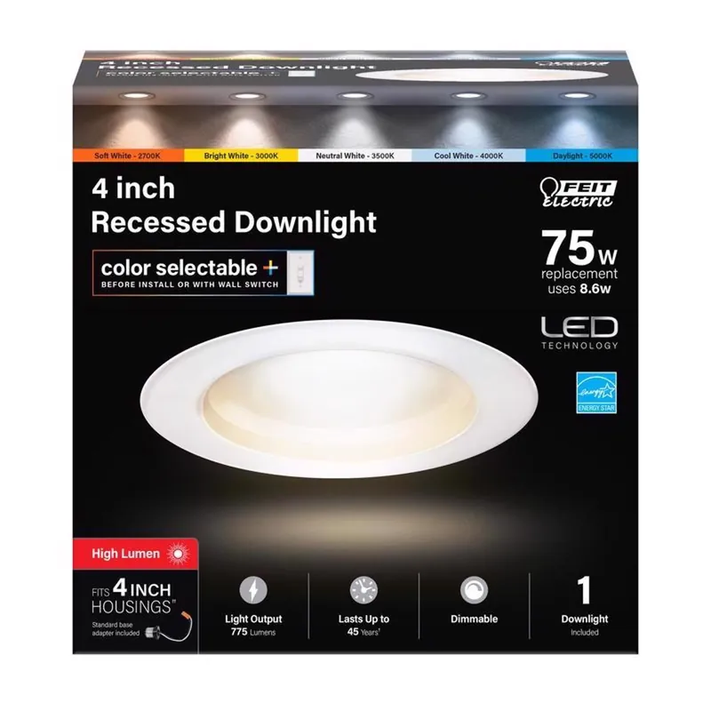 Led Recessed Downlight, Selectable Color Temperature, White, 8.6 Watts, 4 In. Round