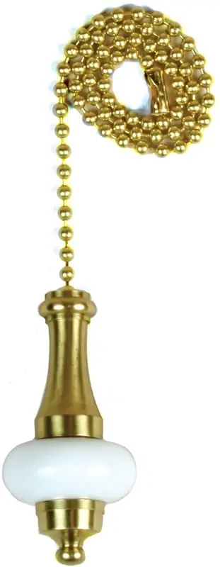 Lamp Pull Chain, Brass & White Ceramic, 12-in.