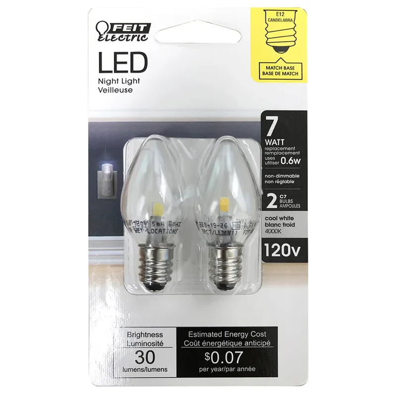 C7 E12 (candelabra) Led Bulb White 7 Watt Equivalence 2 Pk