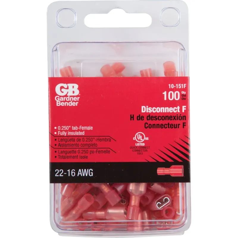 22-16 Awg Insulated Wire Female Disconnect Red 100 Pk
