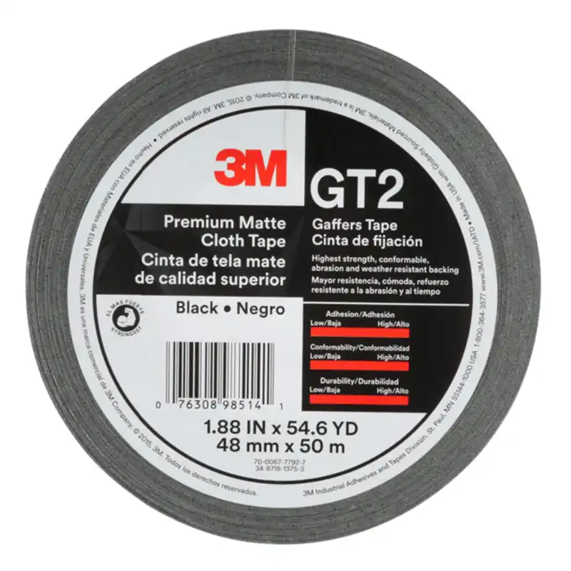 Gaffers Tape, Black Matte Cloth, 1.88 In. X 54.6 Yd.