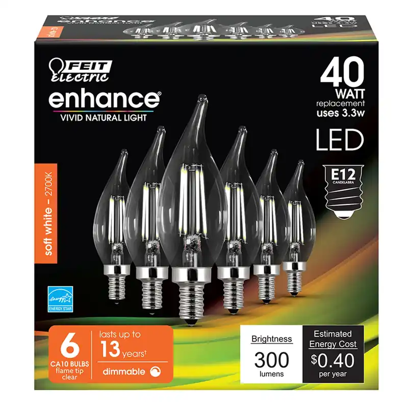 Enhance Ca10 (flame Tip) E12 (candelabra) Filament Led Bulb Soft White 40 Watt Equivalence 6 Pk