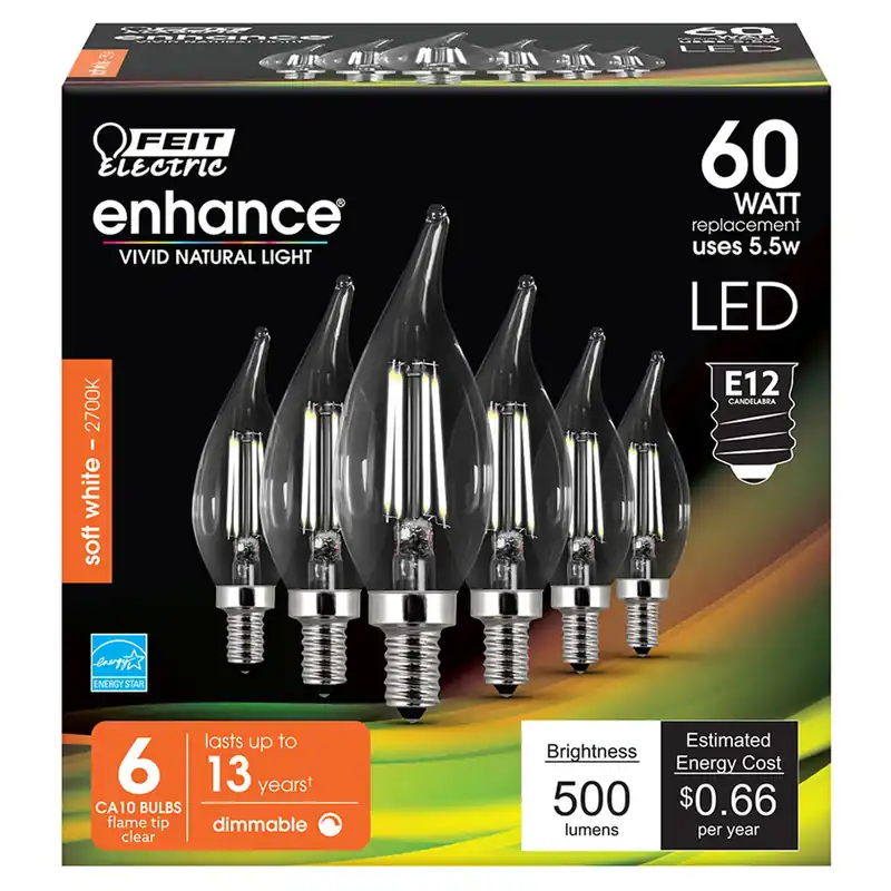Enhance Ca10 (flame Tip) E12 (candelabra) Filament Led Bulb Soft White 60 Watt Equivalence 6 Pk