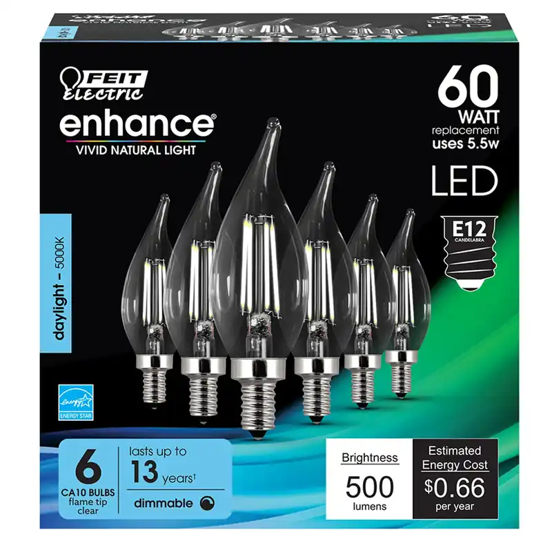 Enhance Ca10 (flame Tip) E12 (candelabra) Filament Led Bulb Daylight 60 Watt Equivalence 6 Pk