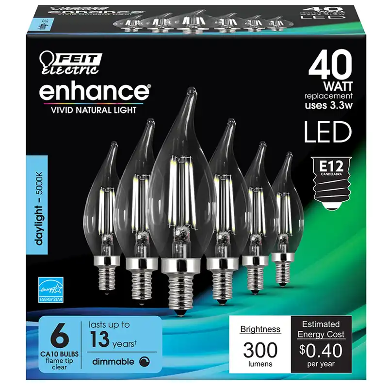 Enhance Ca10 (flame Tip) E12 (candelabra) Filament Led Bulb Daylight 40 Watt Equivalence 6 Pk