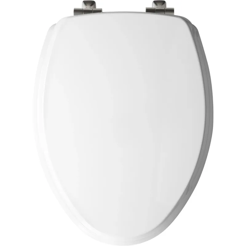 Benton Elongated Wood Toilet Seat, White Enamel, Never Loosens, Slow-close Brushed Nickel Hinge