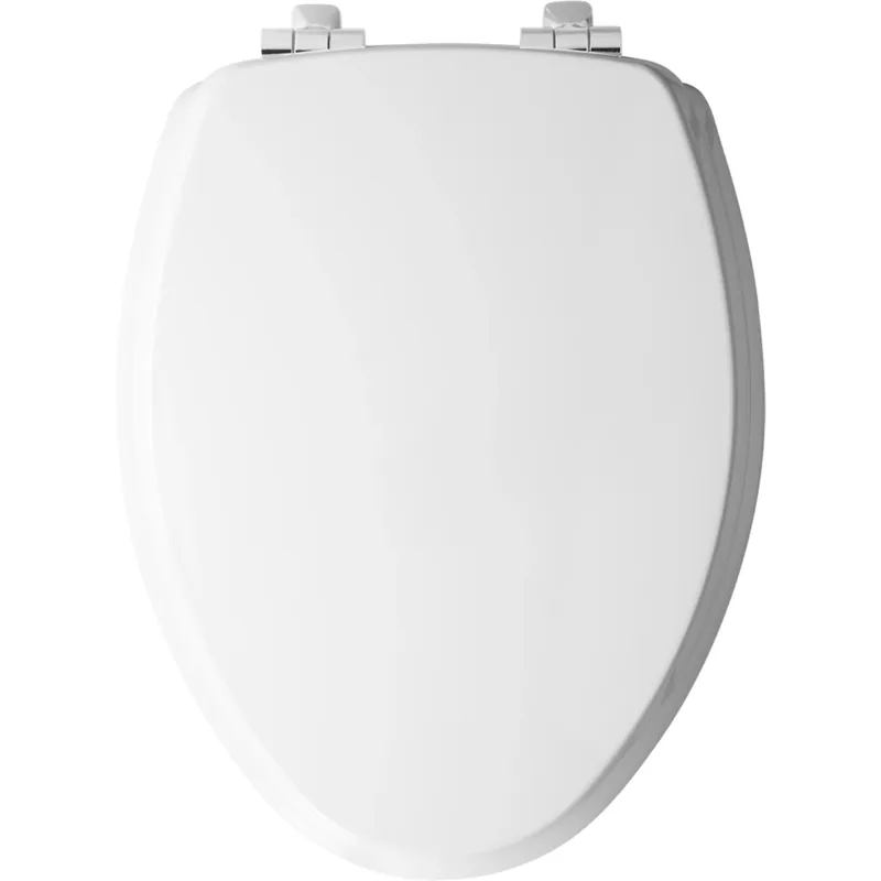 Benton Elongated Wood Toilet Seat, White Enamel, Never Loosens, Slow-close Chrome Hinge