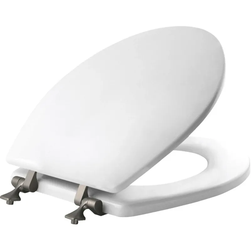 Benton Round Wood Toilet Seat, White Enamel, Never Loosens, Slow-close Brushed Nickel Hinge