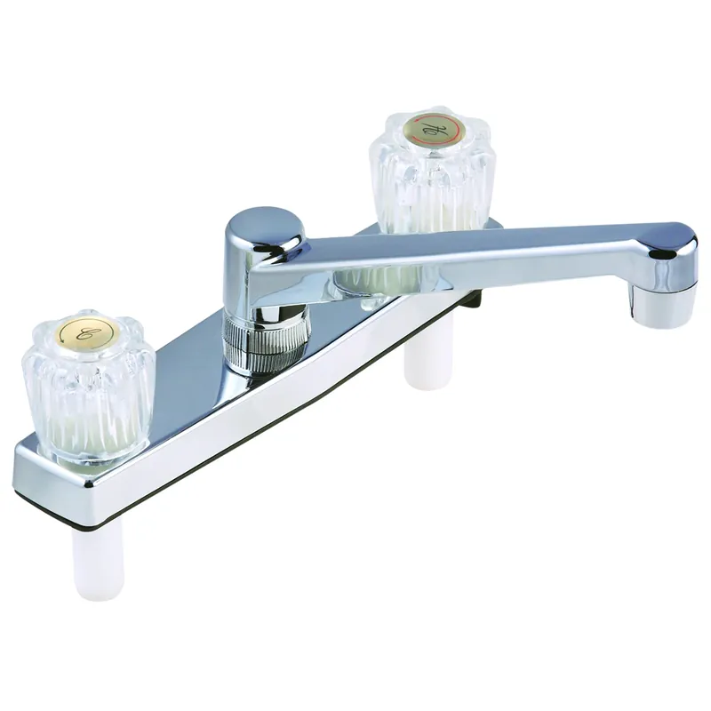 Two Handle Chrome Kitchen Faucet With Mid Arc Spout And Knob Handles