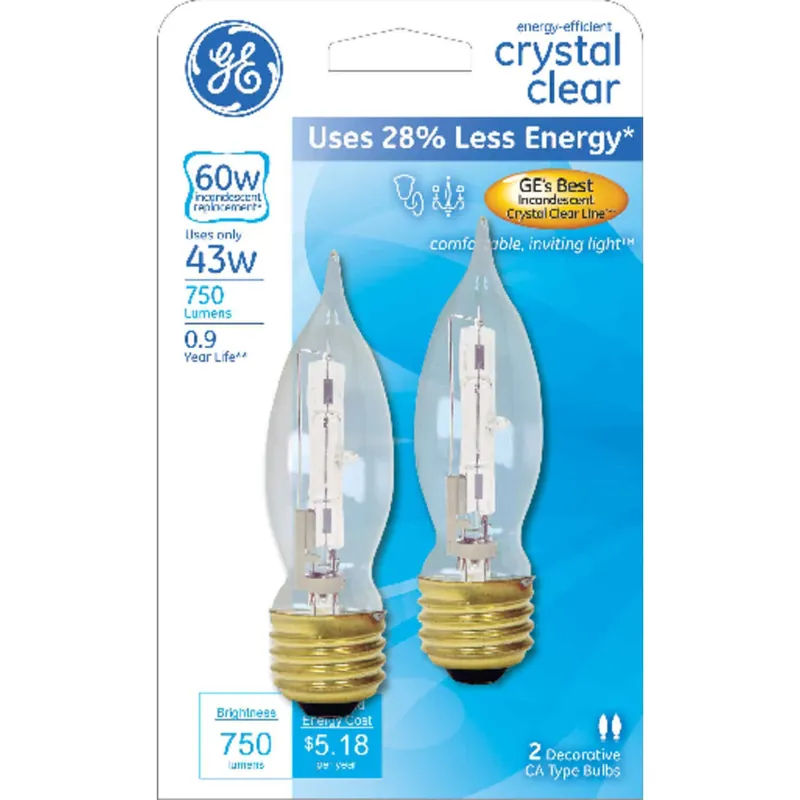 Halogen Chandelier Light Bulbs, Candle Shape, Clear, 750 Lumens, 43-watts, 2-pk.