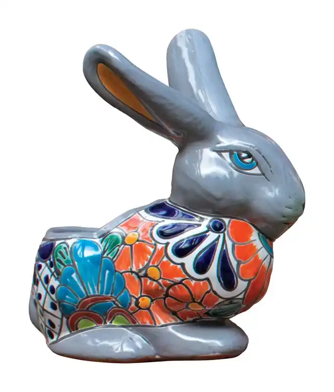 10.5-inch Hand-painted Rabbit Ceramic Planter - Double-fired Talavera Pottery