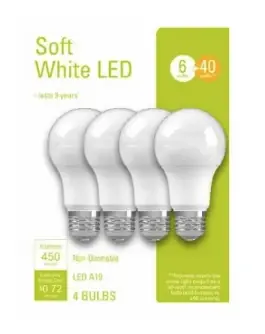 Led Light Bulbs, A19, Soft White, 450 Lumens, 6 Watt, 4-pk.