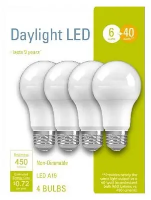 Led Light Bulbs, A19, Daylight, 450 Lumens, 6 Watt, 4-pk.