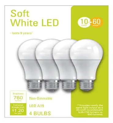 Led Light Bulbs, A19, Soft White, 760 Lumens, 10 Watt, 4-pk.