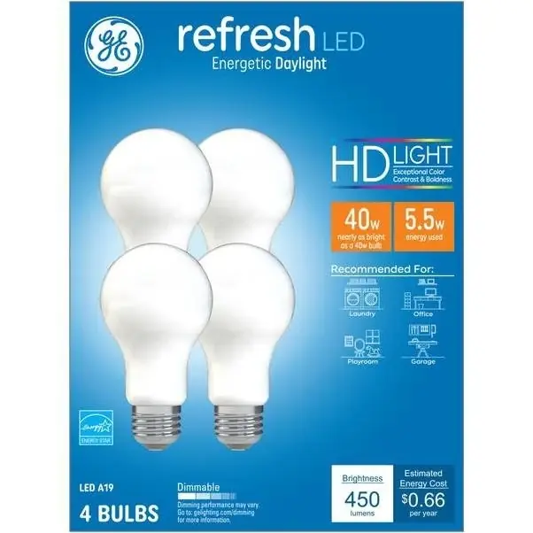 Ge Lightning Led19 Dimmable Durable Led Bulb, 40w, 15,000 Hrs - 4 Pack
