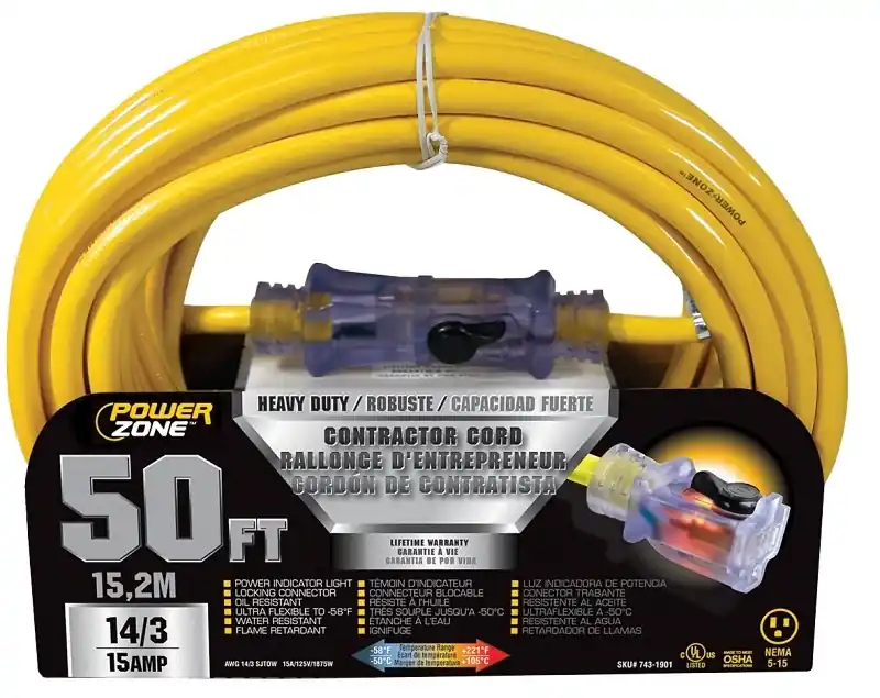 Power Zone Orp511730 Pro Sjtow Extension Cord, 50 Feet, 14/3, Yellow