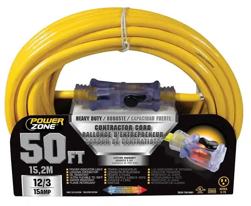 Power Zone Orp511830 50 Foot 12/3 Heavy-duty Extension Cord With Lighted Connector