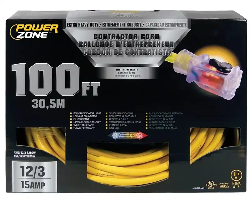 100 Ft. 12/3 Sjtow Extension Cord With Lighted Connector - Yellow