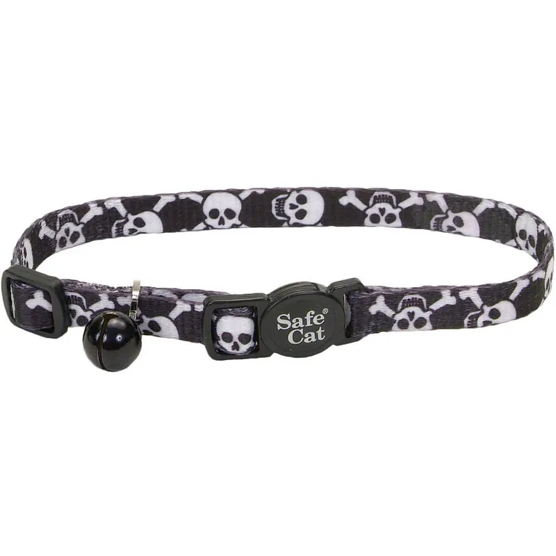 Adjustable Breakaway Cat Collar, Black With Pirate Skulls, 8-12 Inches