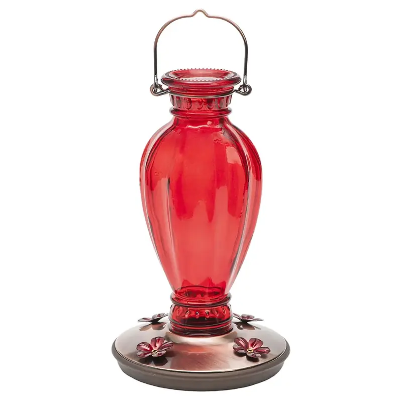 Vintage Hummingbird Feeder, Red Daisy, Glass, 18 Oz.